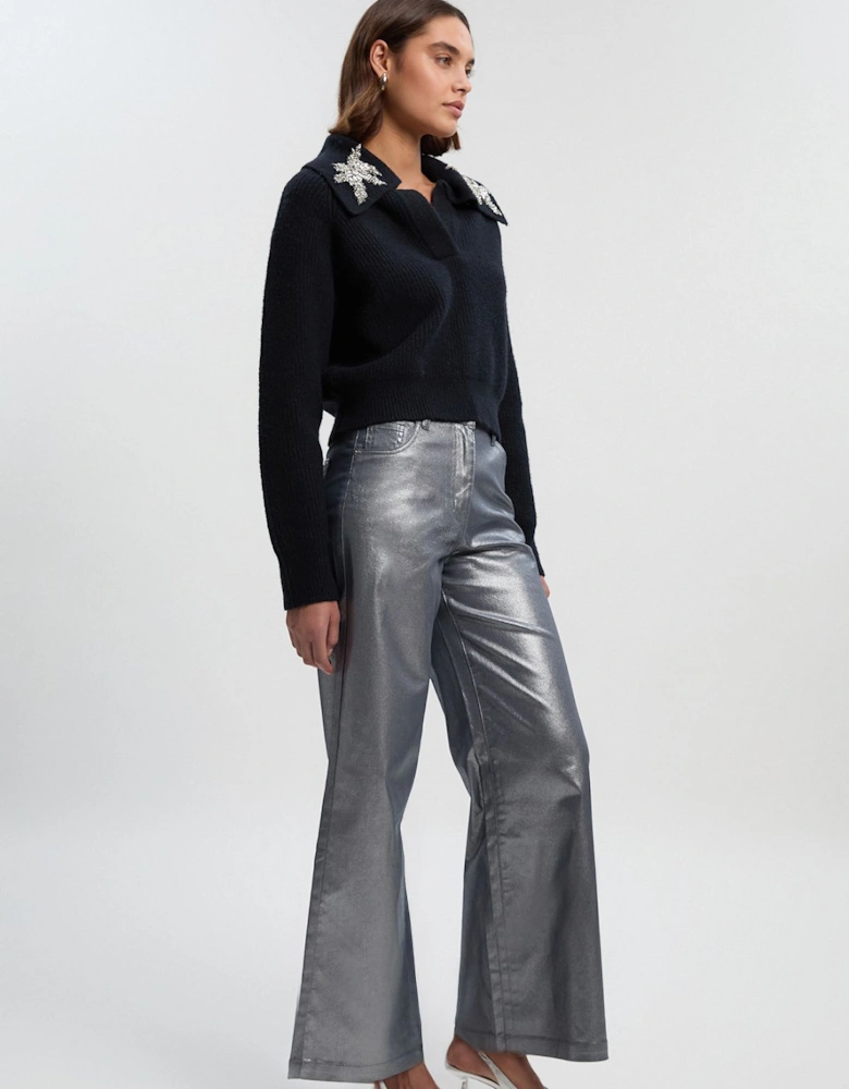 Petite Metallic Coated Denim Wide Leg Jean