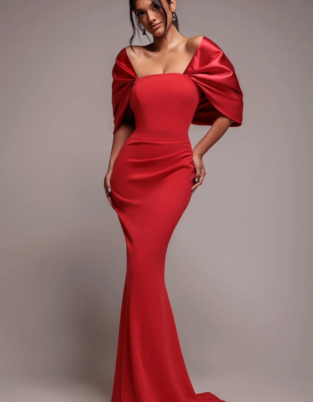 Off Shoulder Back Satin Bow Scuba Maxi Dress, 2 of 1