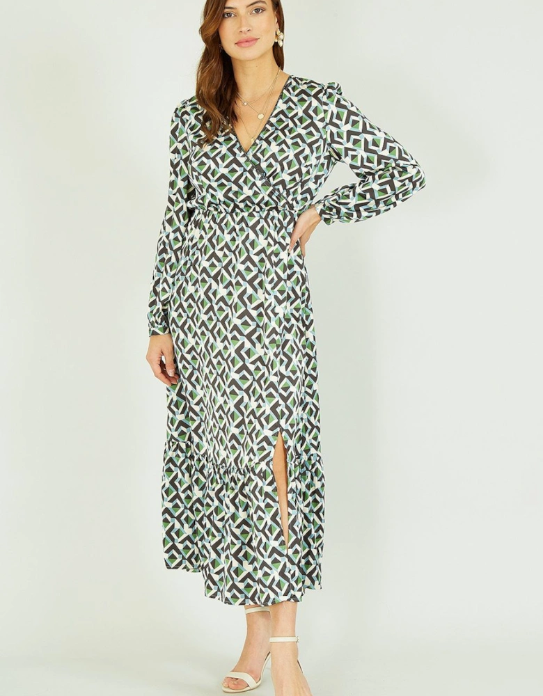 Green Geo Print Satin Wrap Midi Dress