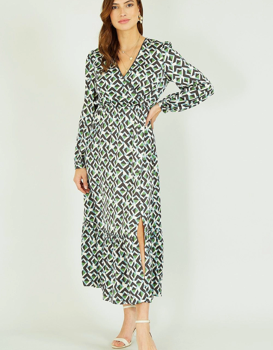 Green Geo Print Satin Wrap Midi Dress, 2 of 1