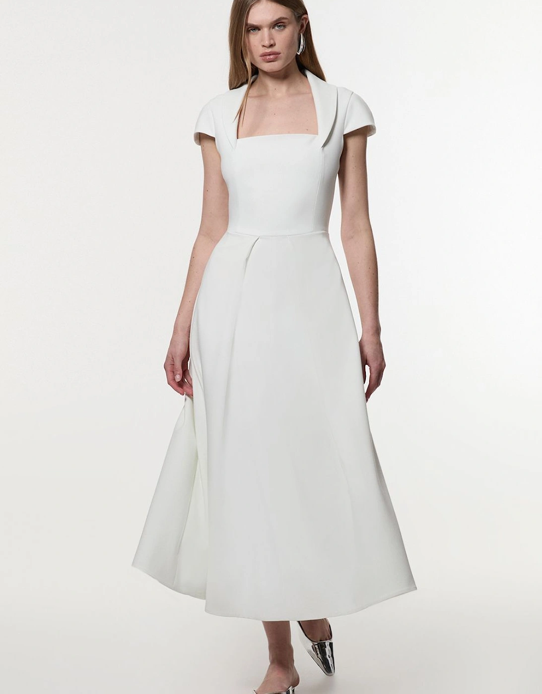 Petite Compact Stretch Square Neck Tailored Full Skirted Midaxi Dress, 2 of 1