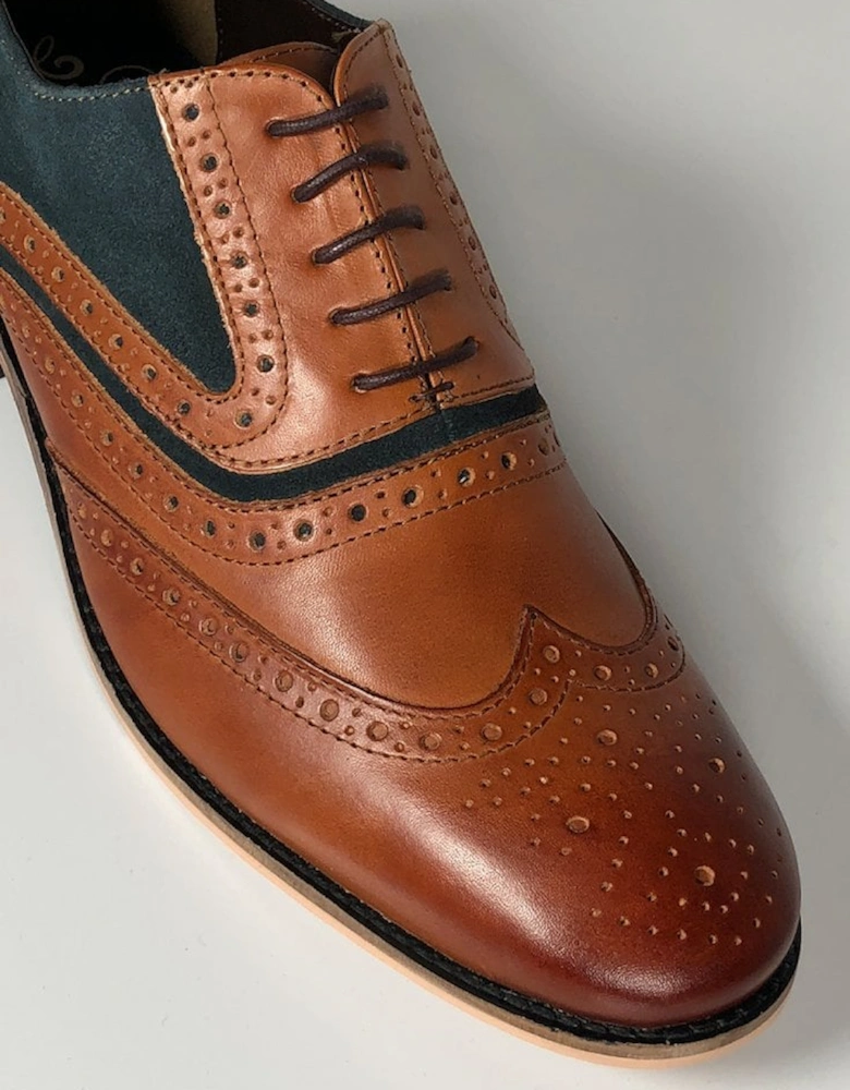 Mens Brogue Shoe Spencer Leather and Suede Tan/navy