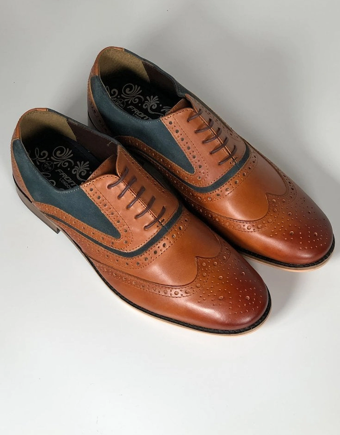 Mens Brogue Shoe Spencer Leather and Suede Tan/navy