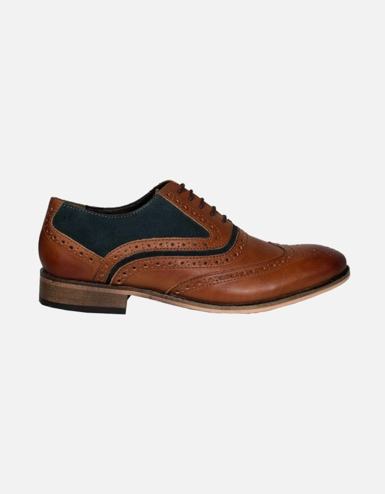 Mens Brogue Shoe Spencer Leather and Suede Tan/navy