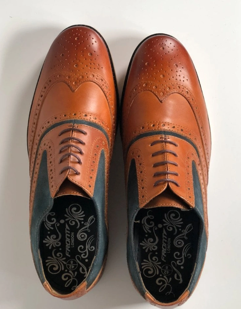 Mens Brogue Shoe Spencer Leather and Suede Tan/navy