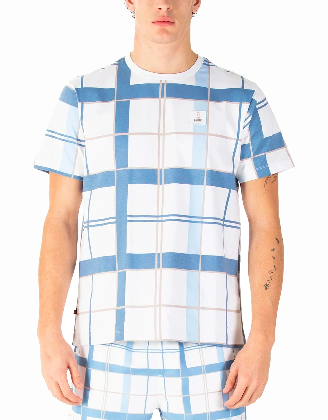 Luke Birdoswald Check T-shirt White Denim Blue, 6 of 5