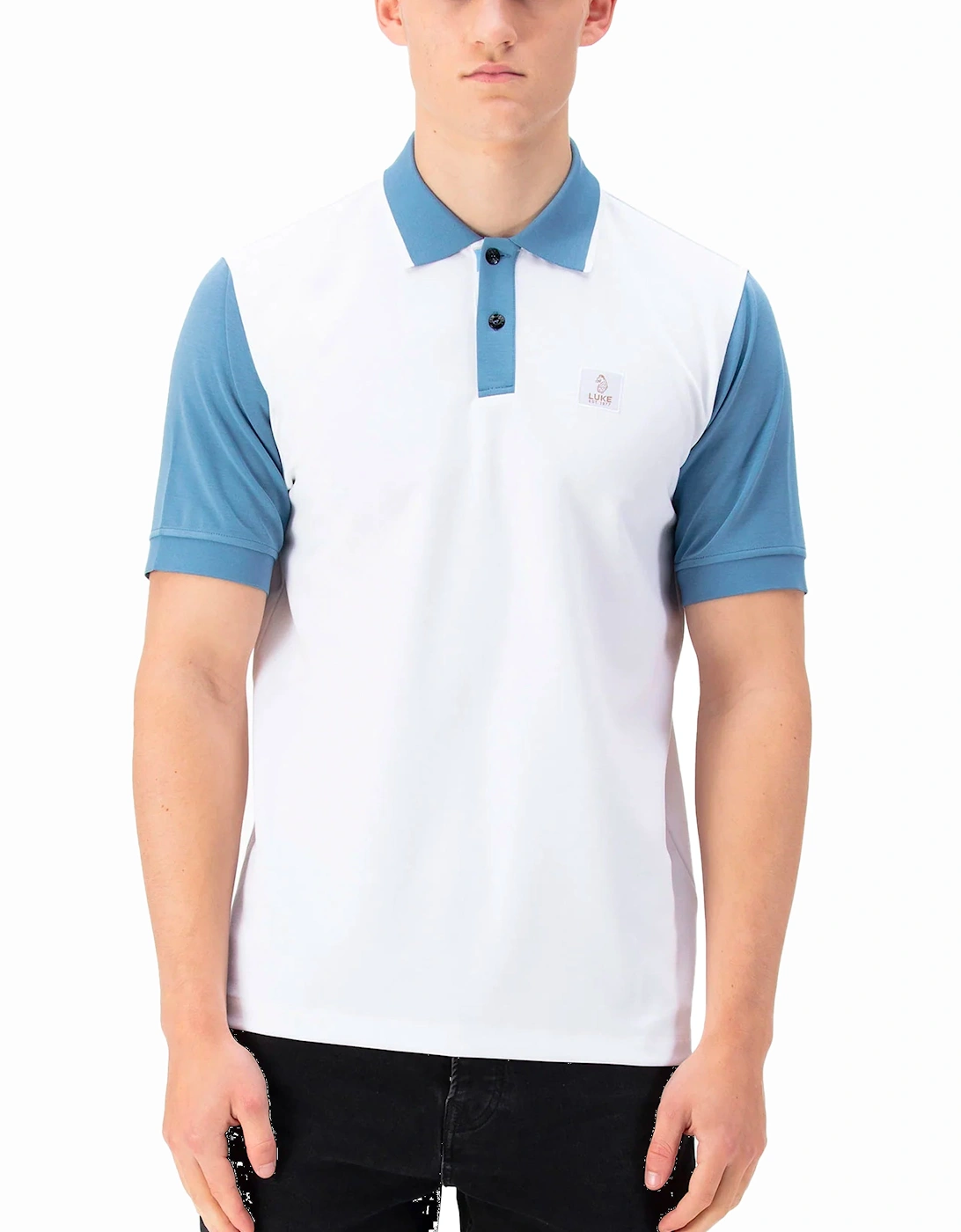 Luke Saddleworth Short Sleeve Polo Shirt White Blue, 6 of 5