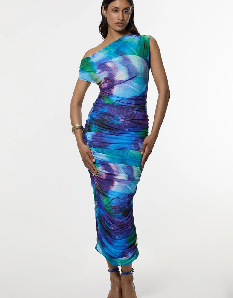 Petite Printed Mesh Jersey One Shoulder Midi Dress