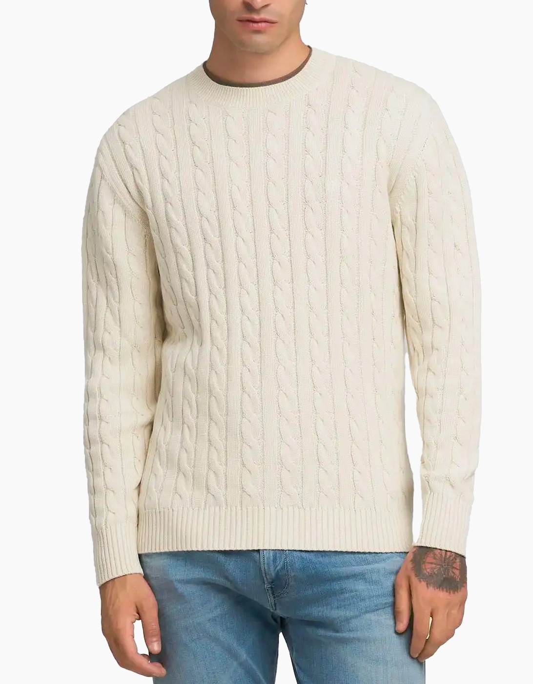 Replay Men's Cream Cable Knit Jumper Stone - Size: 42