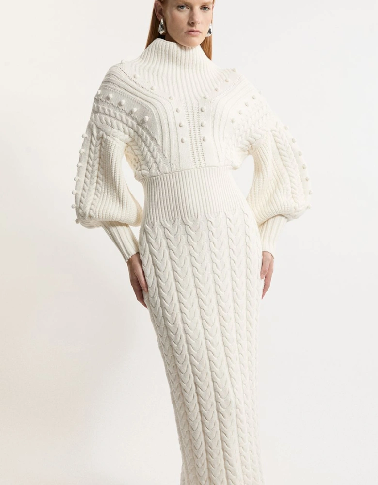 Petite Bobble Detail Balloon Sleeve Cable Knit Viscose Blend Midi Dress