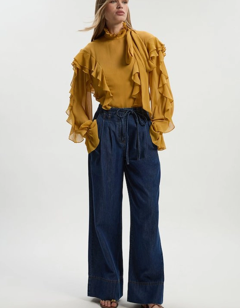 Ruffle Front Crinkle Georgette Pussy Bow Blouse