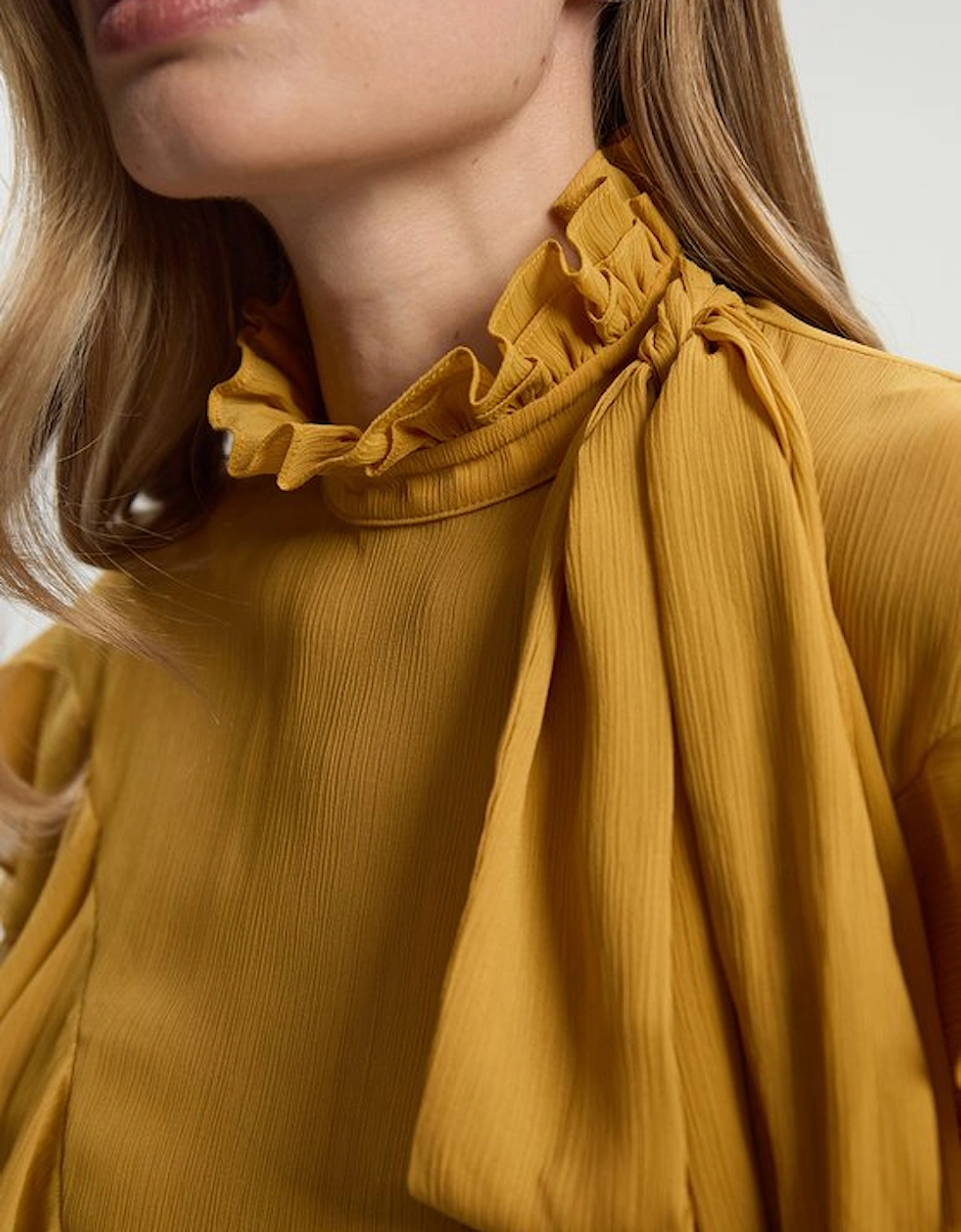 Ruffle Front Crinkle Georgette Pussy Bow Blouse