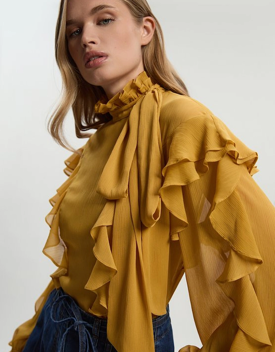 Ruffle Front Crinkle Georgette Pussy Bow Blouse