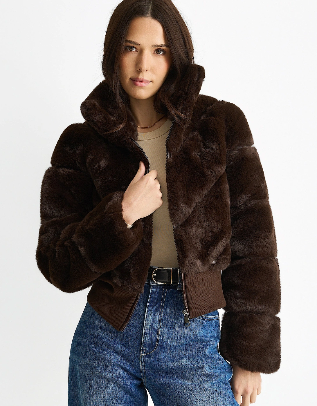 Chocolate Faux Fur Zip Front Short Jacket, 5 of 4