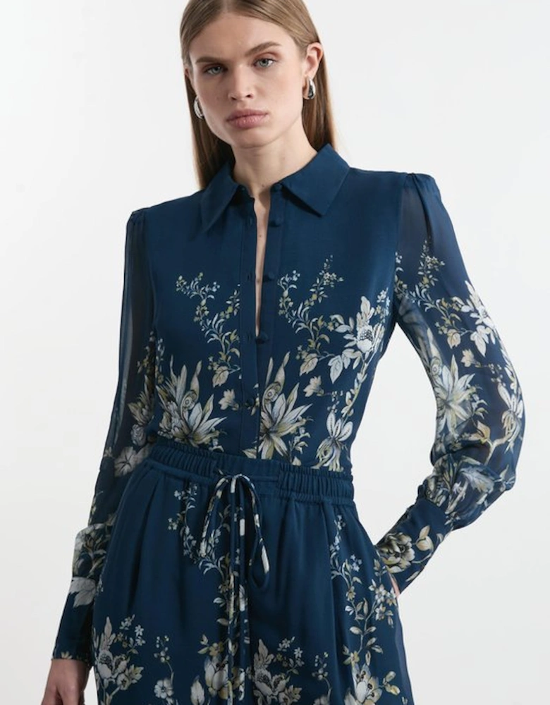 Petite Border Print Viscose Piped Woven Shirt Balloon Sleeve Shirt