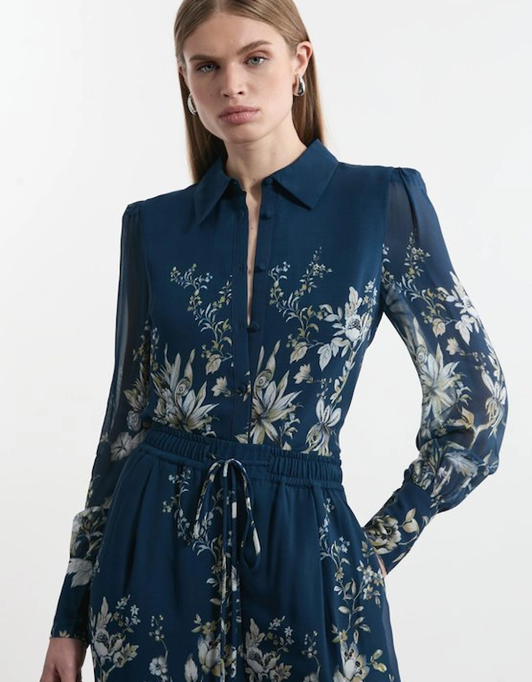 Petite Border Print Viscose Piped Woven Shirt Balloon Sleeve Shirt, 2 of 1