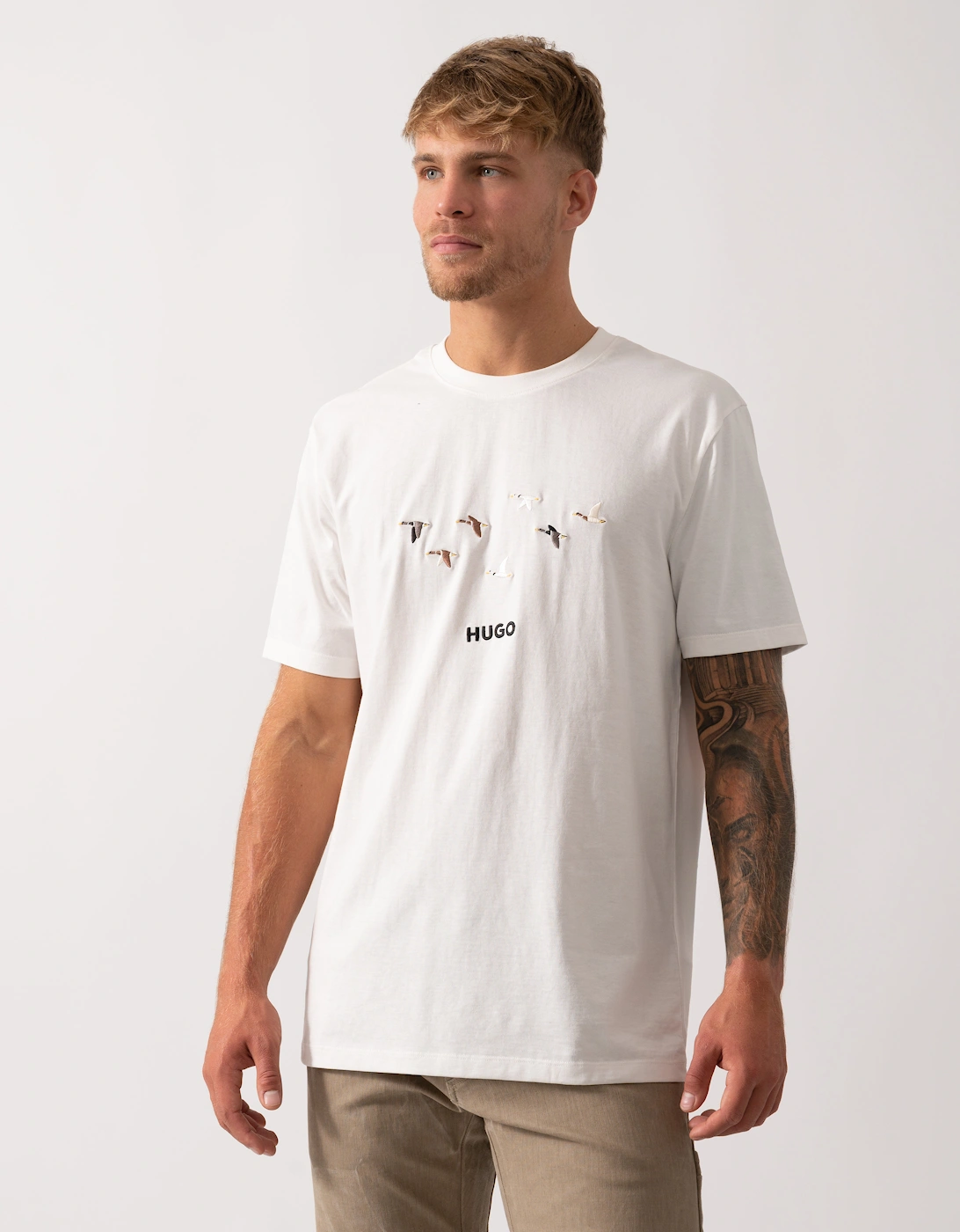 HUGO Dugolini Mens Cotton-Jersey T-Shirt with Embroidered Logo Artwork - Natural 102, 5 of 4