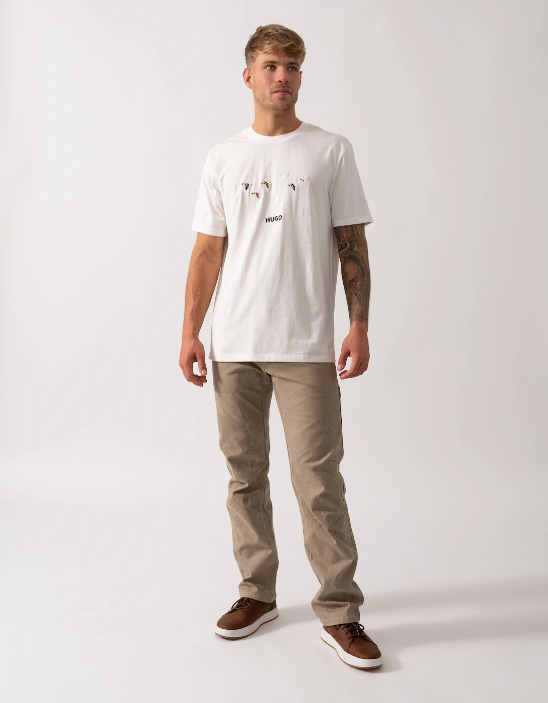 HUGO Dugolini Mens Cotton-Jersey T-Shirt with Embroidered Logo Artwork - Natural 102