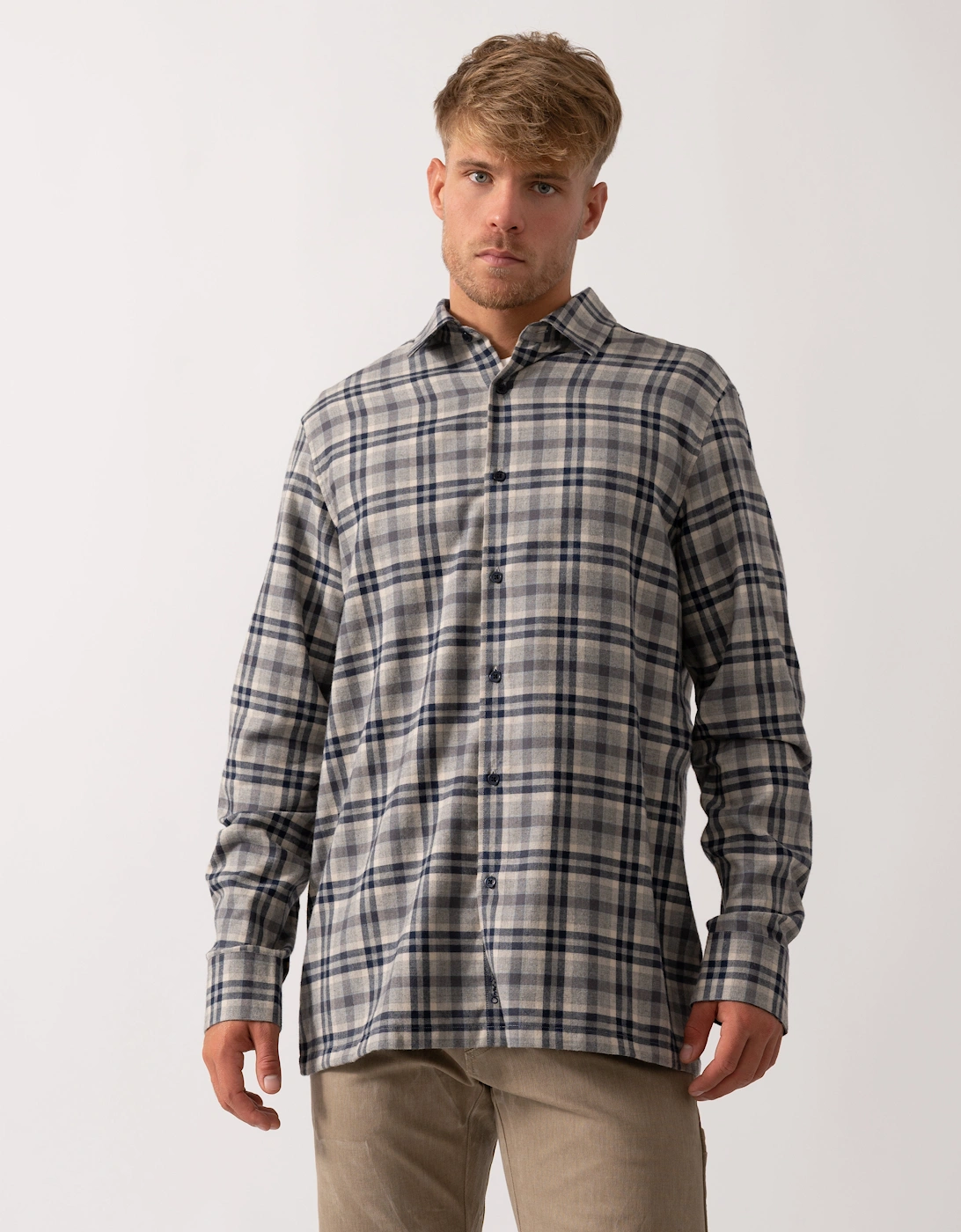 Barnham Mens Long Sleeve Linen Shirt - Navy/Grey Check, 5 of 4
