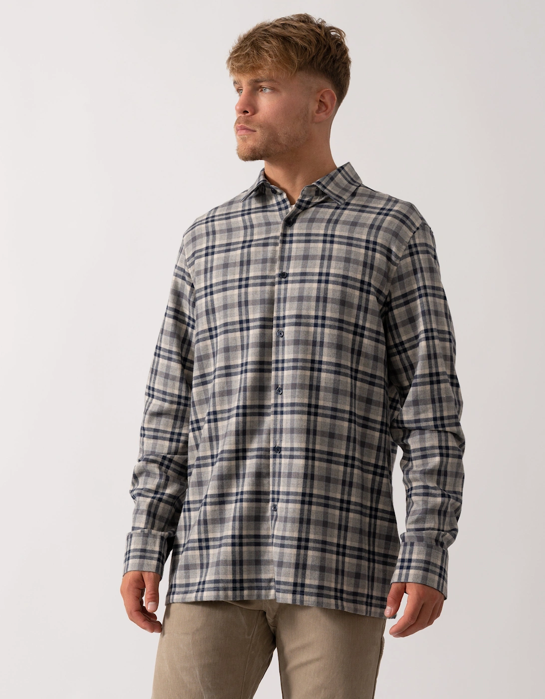 Barnham Mens Long Sleeve Linen Shirt - Navy/Grey Check