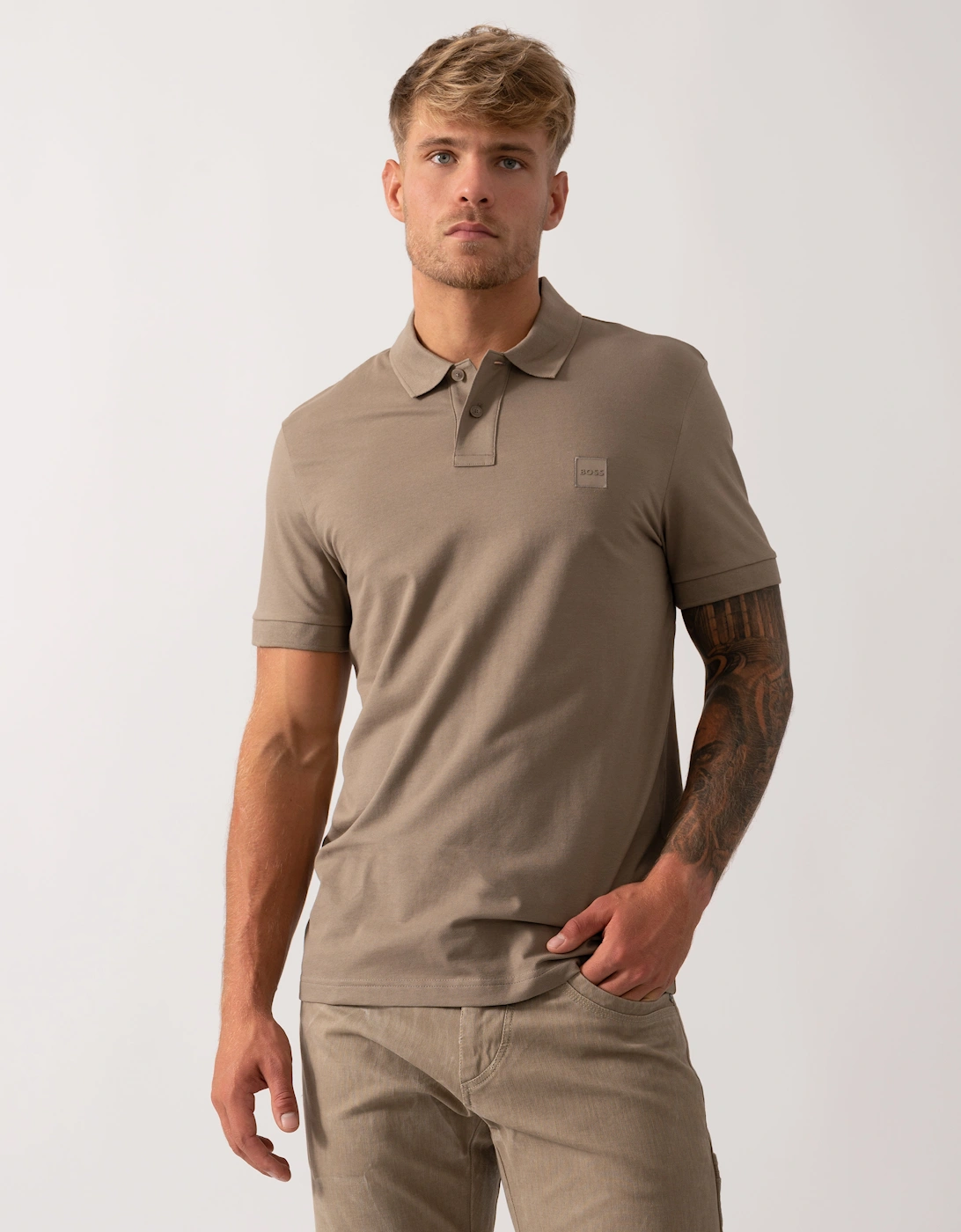 Men's BOSS Orange Passenger Mens Stretch-Cotton Slim-Fit Polo Shirt with Logo Patch - Open Green 346 - Brown - Size: XL