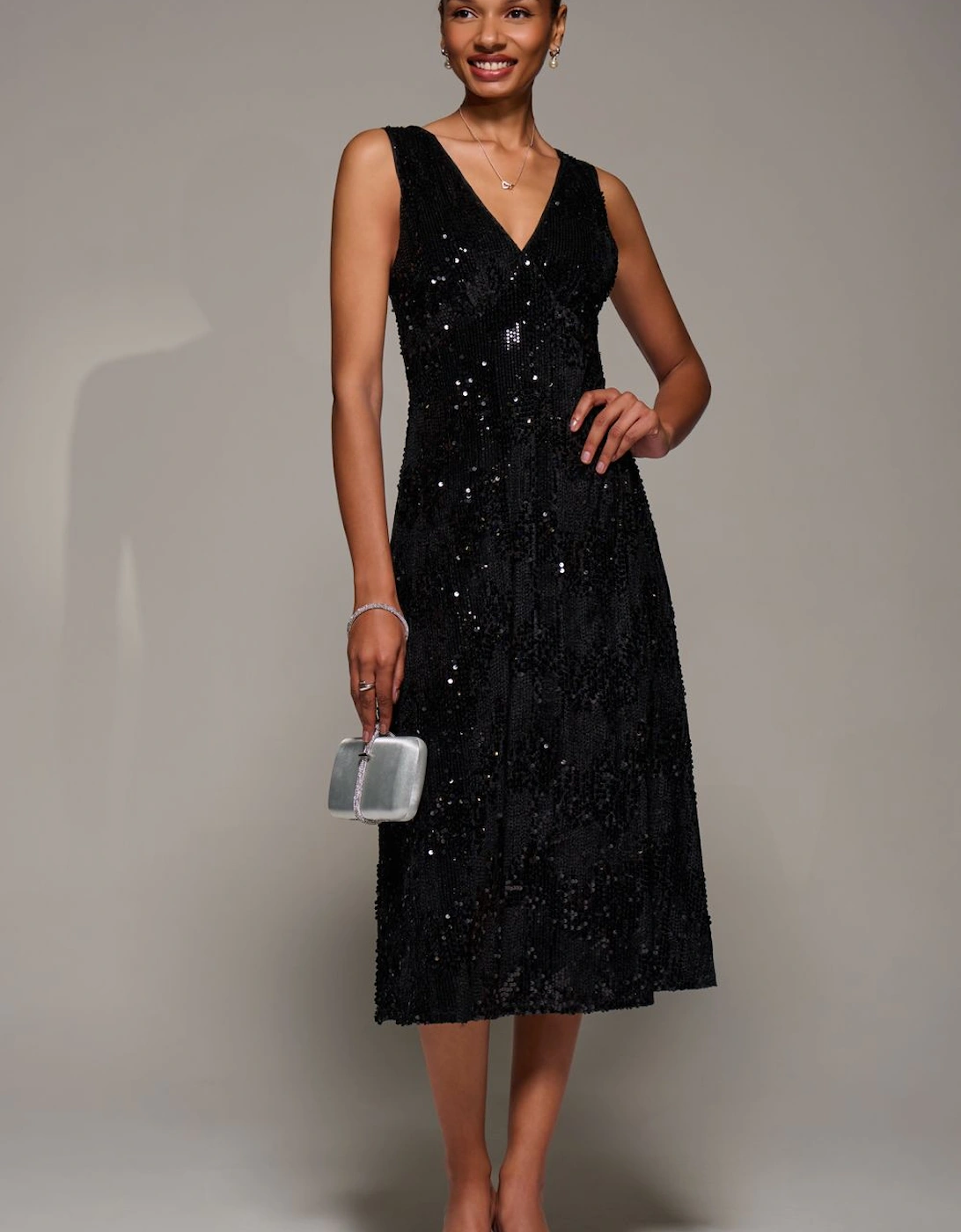 V-Neck Sequin Embellished Velvet Midi Dr, 2 of 1