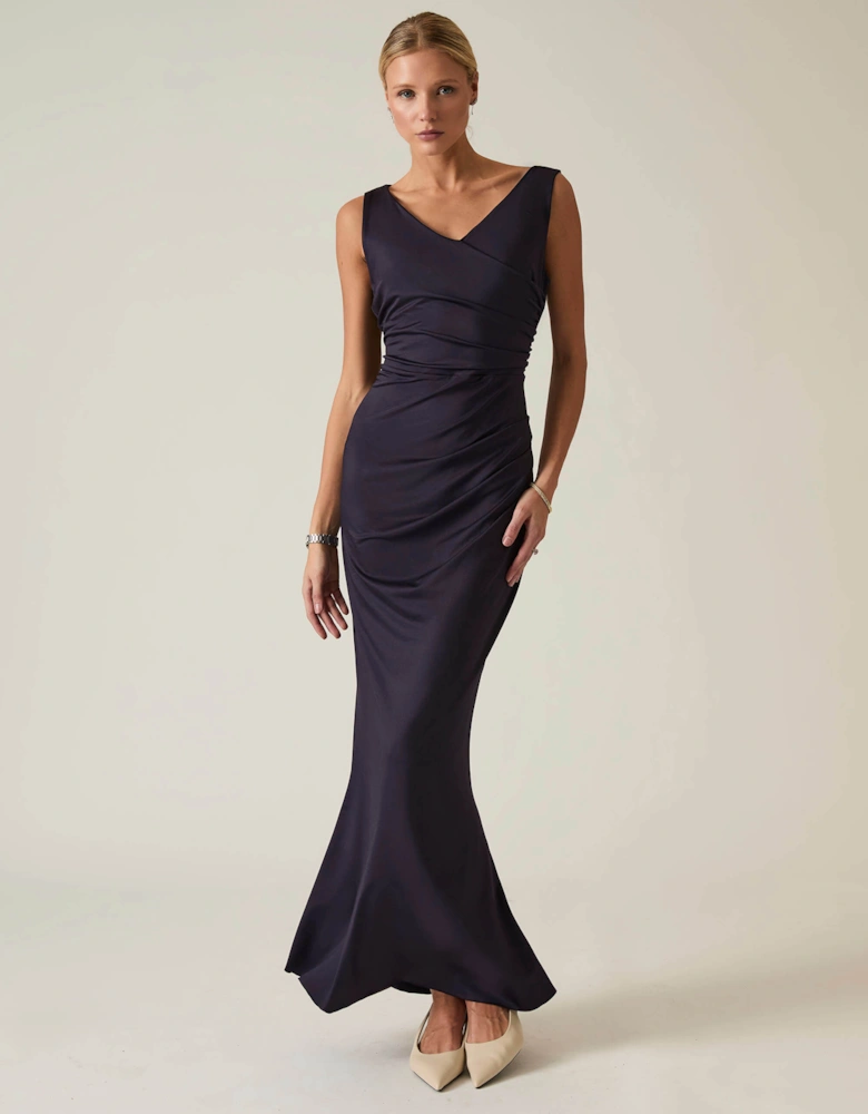 Navy Sleeveless Gathered Maxi Dress