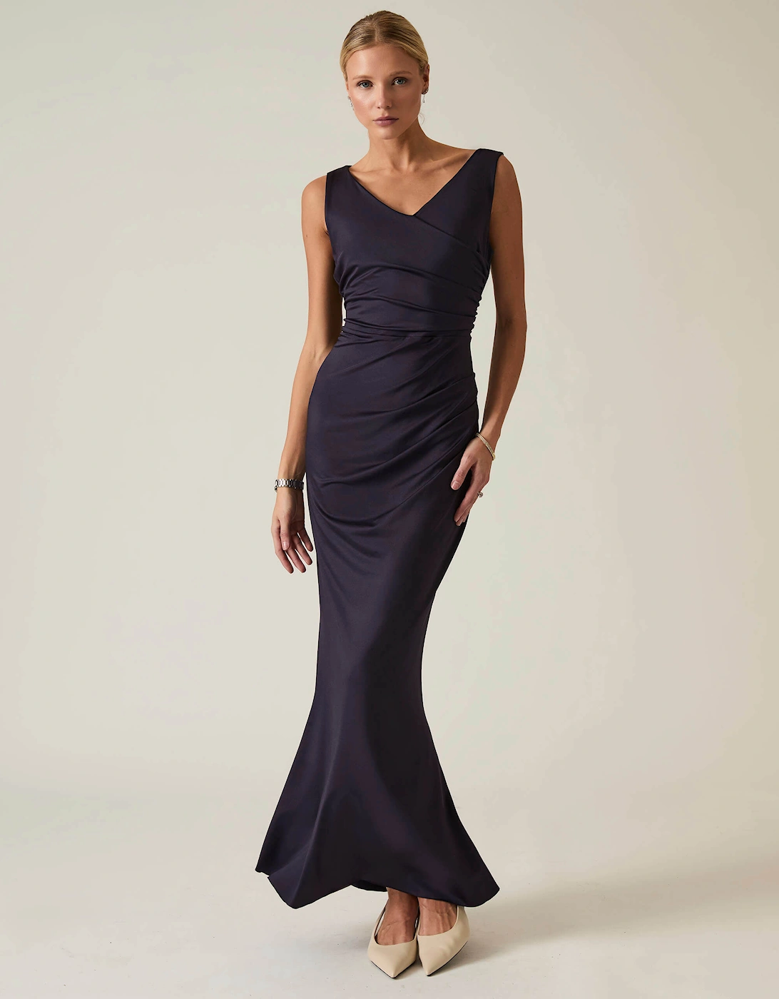 Navy Sleeveless Gathered Maxi Dress