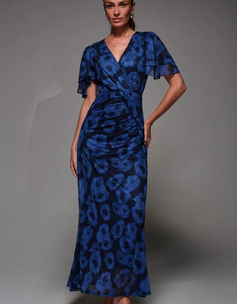 Angel Sleeve Draped Mesh Maxi Dress