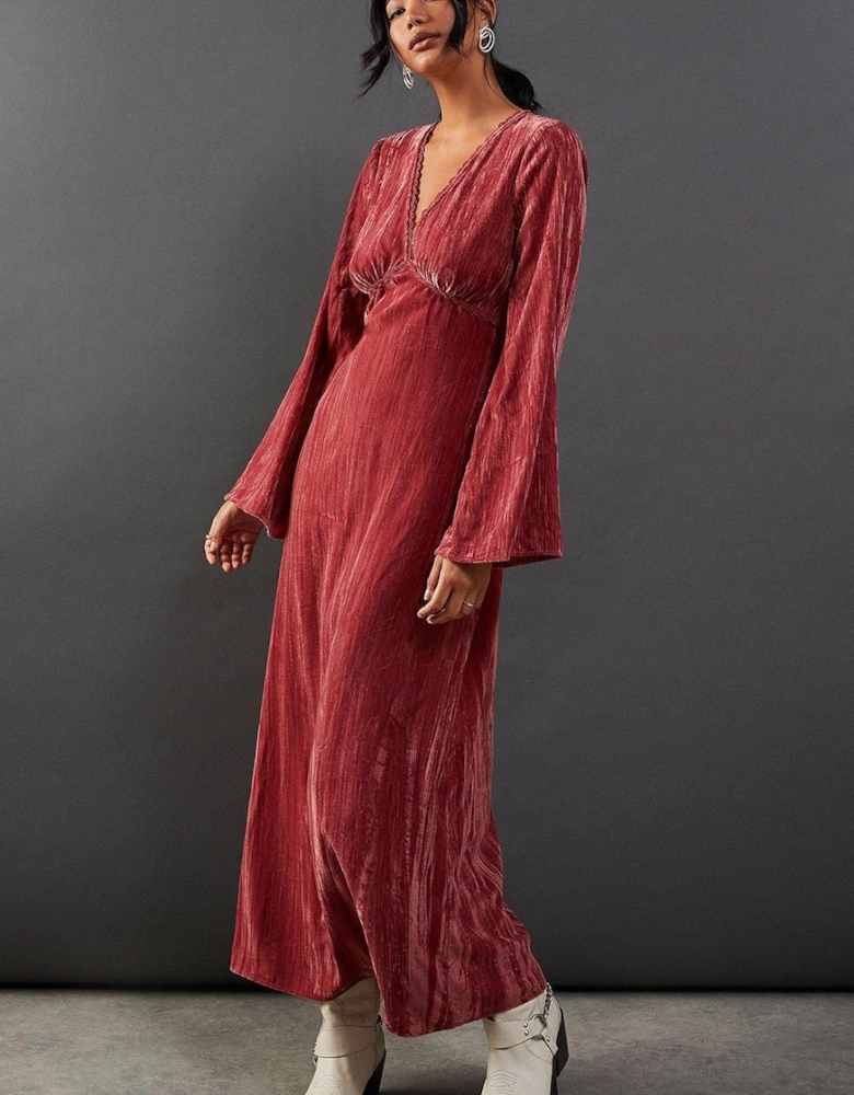 Crushed Velvet Plunge Neck Lace Insert Midi Dress