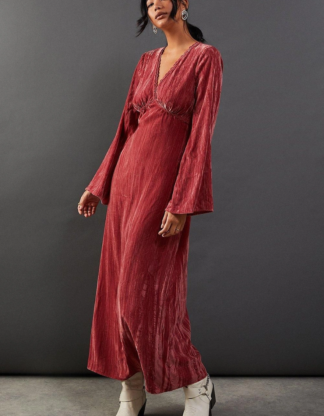 Crushed Velvet Plunge Neck Lace Insert Midi Dress, 2 of 1