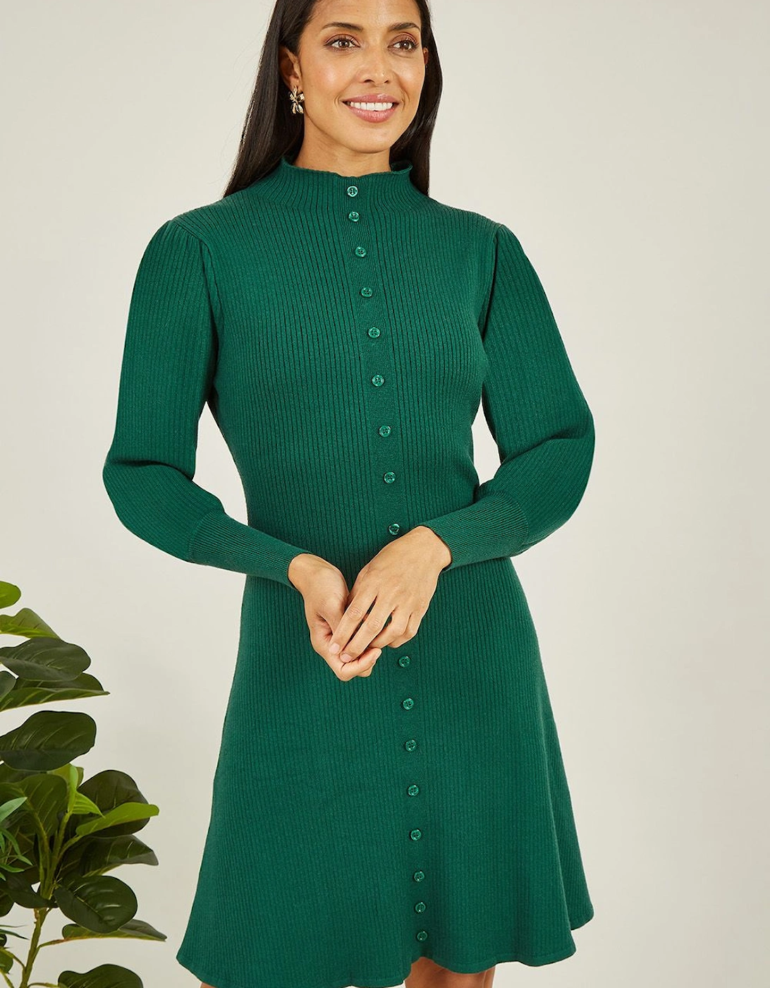 Green Knitted Button Up Midi Dress With Balloon Sleeves, 2 of 1