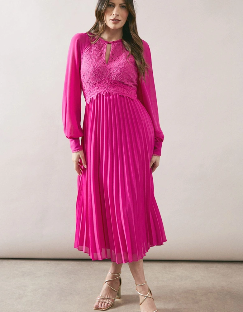 Occasion Lace Insert Pleated Midi Dress
