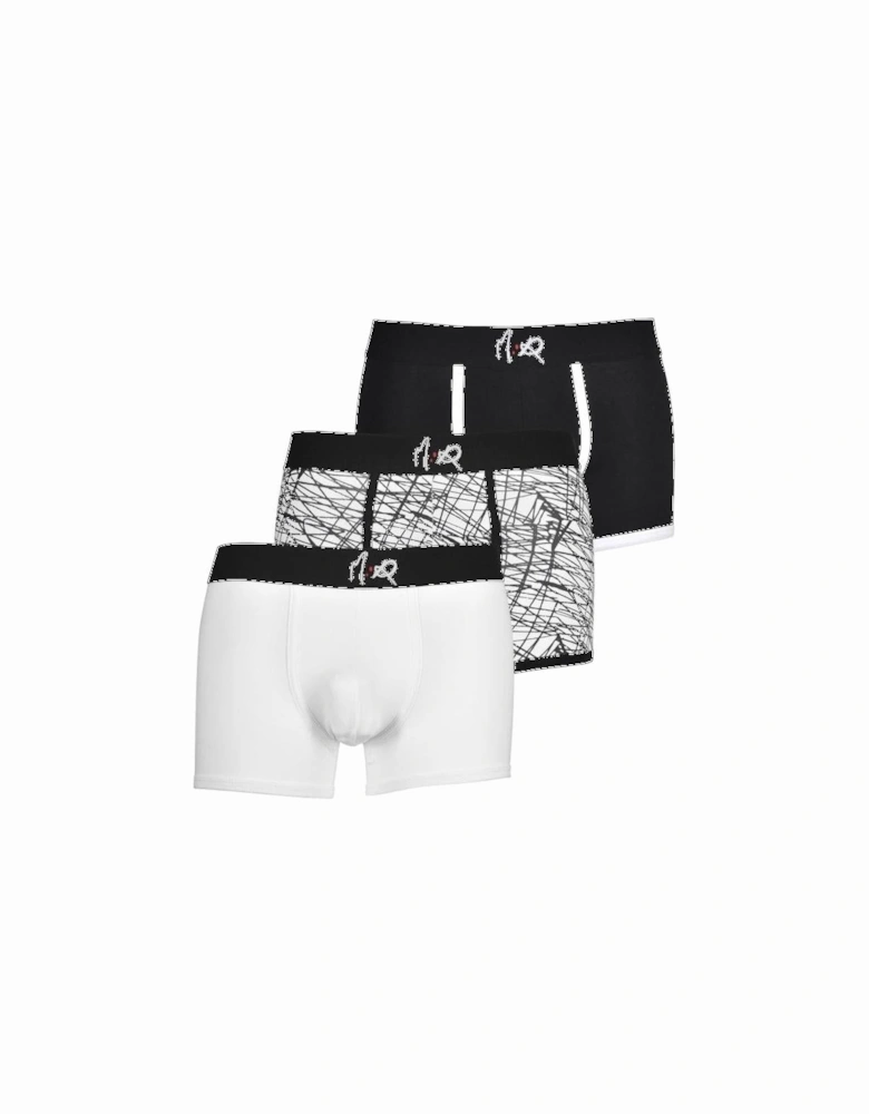 3-Pack Print & Solid Boxer Trunks, Black/White