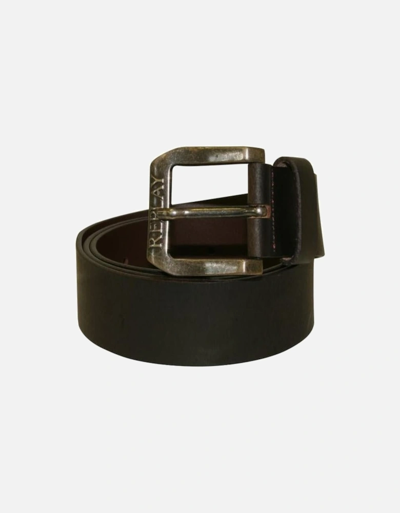 Embossed Buckle Leather Belt, Dark Brown