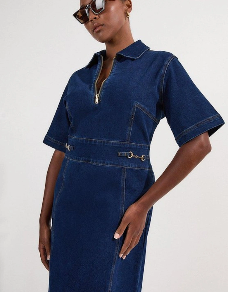 Plus Size Stretch Denim Snaffle Trim Collared Midi Dress