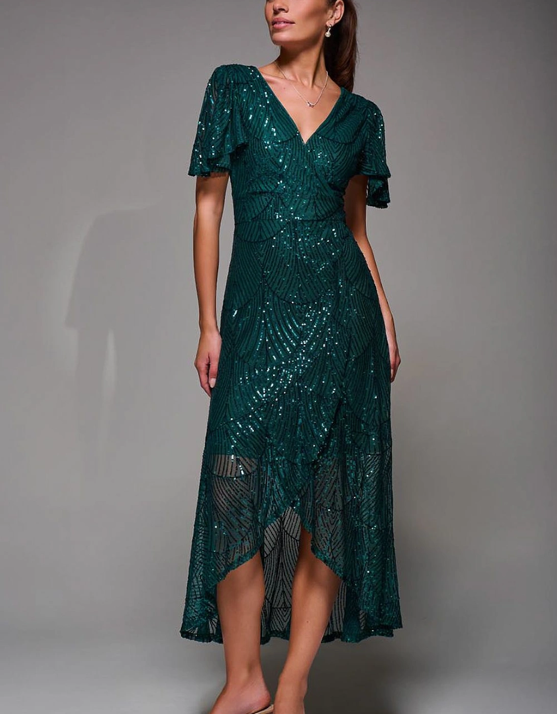 Sequin Angel Sleeve Ruffle Hem Maxi Dress, 2 of 1