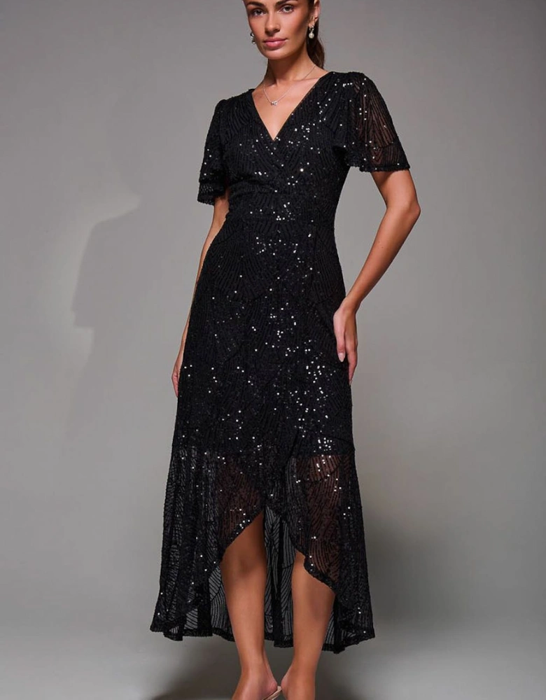 Sequin Angel Sleeve Ruffle Hem Maxi Dress