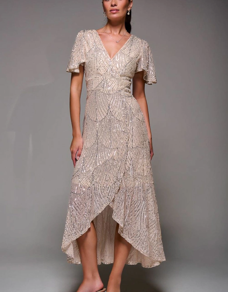Sequin Angel Sleeve Ruffle Hem Maxi Dress