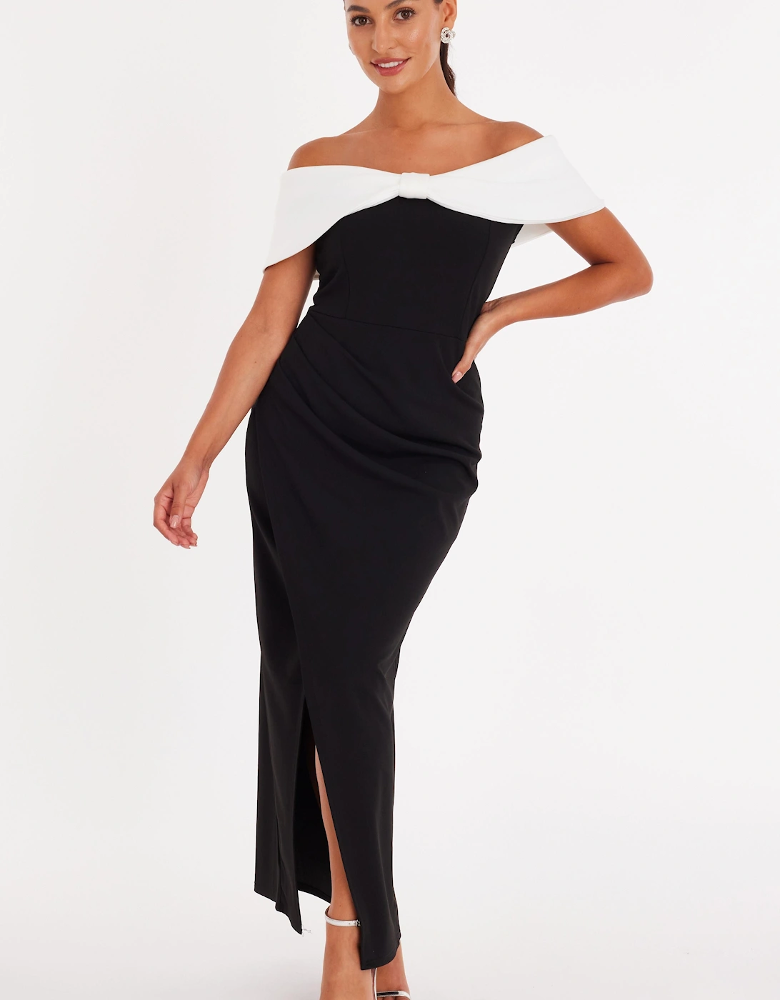 Black Petite Contrast Bardot Maxi Dress, 2 of 1