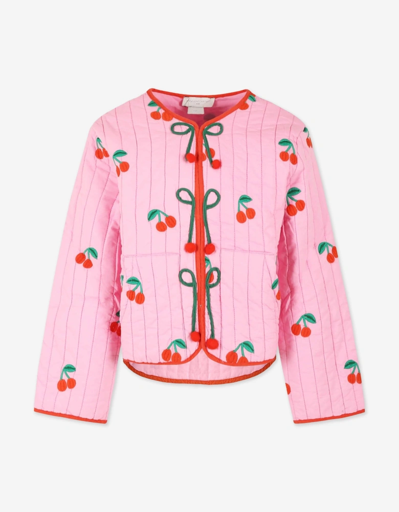 Girls Quilted Embroidered Cherries Jacket in Pink