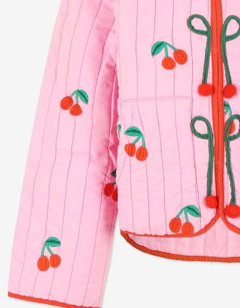 Girls Quilted Embroidered Cherries Jacket in Pink