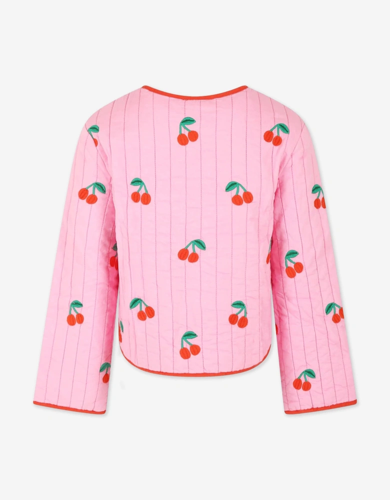 Girls Quilted Embroidered Cherries Jacket in Pink