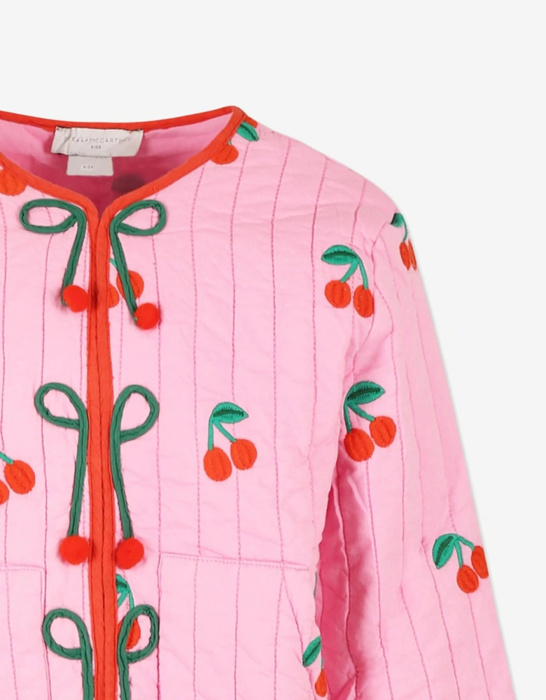 Girls Quilted Embroidered Cherries Jacket in Pink