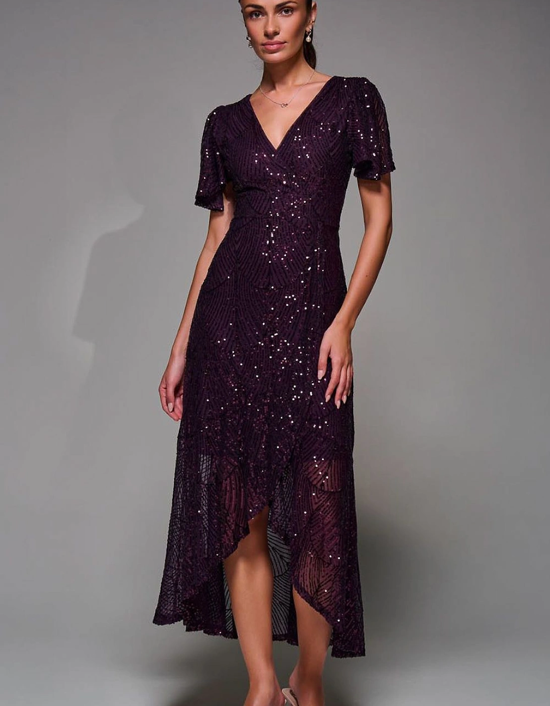 Sequin Angel Sleeve Ruffle Hem Maxi Dress, 2 of 1