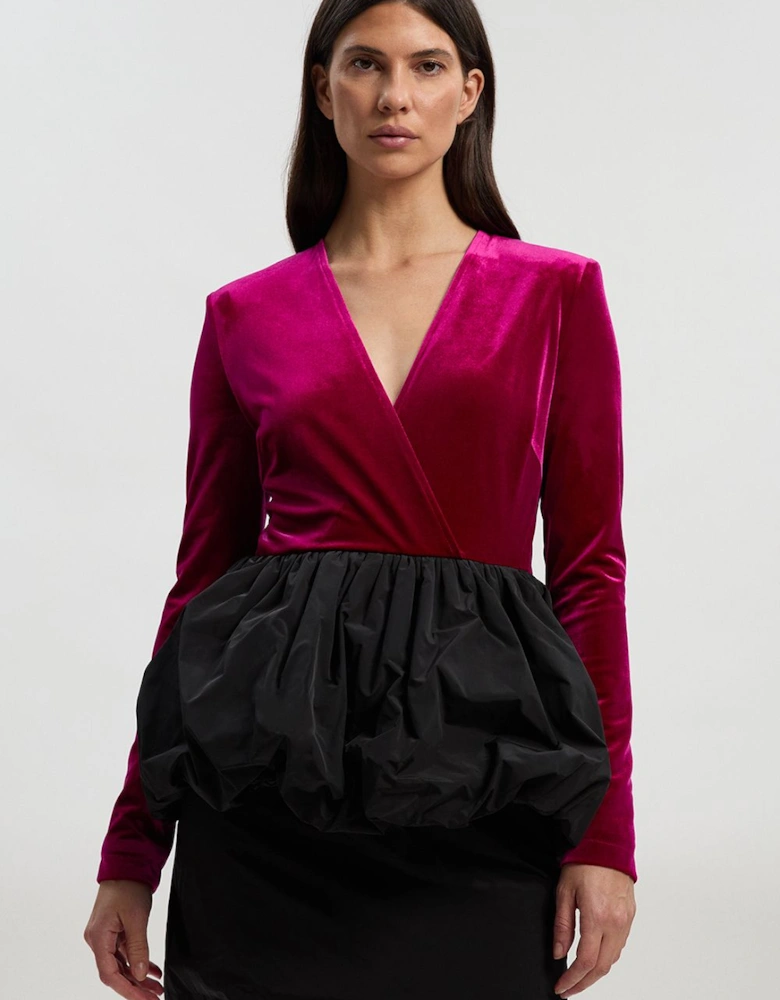 Velvet Plunge Neck Taffeta Peplum Long Sleeve Mini Dress