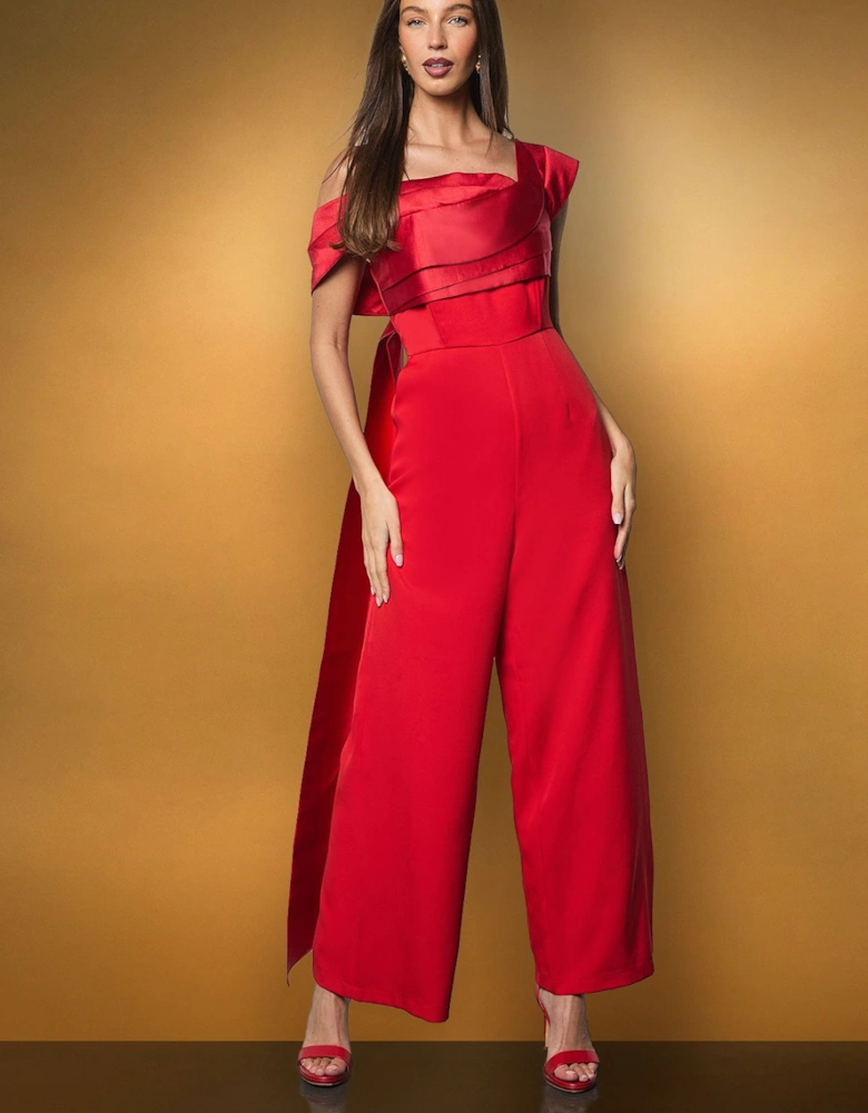 Draped Bardot Contrast Twill Draped Jumpsuit