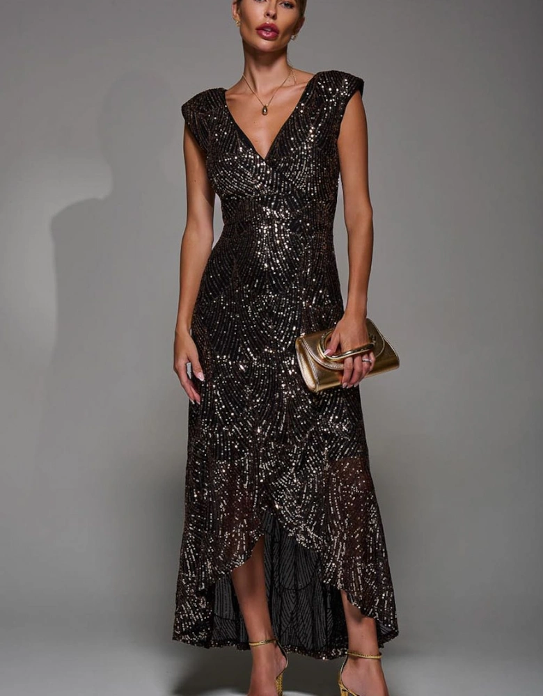 Sequin Asymmetric Ruffle Hem Maxi Dress