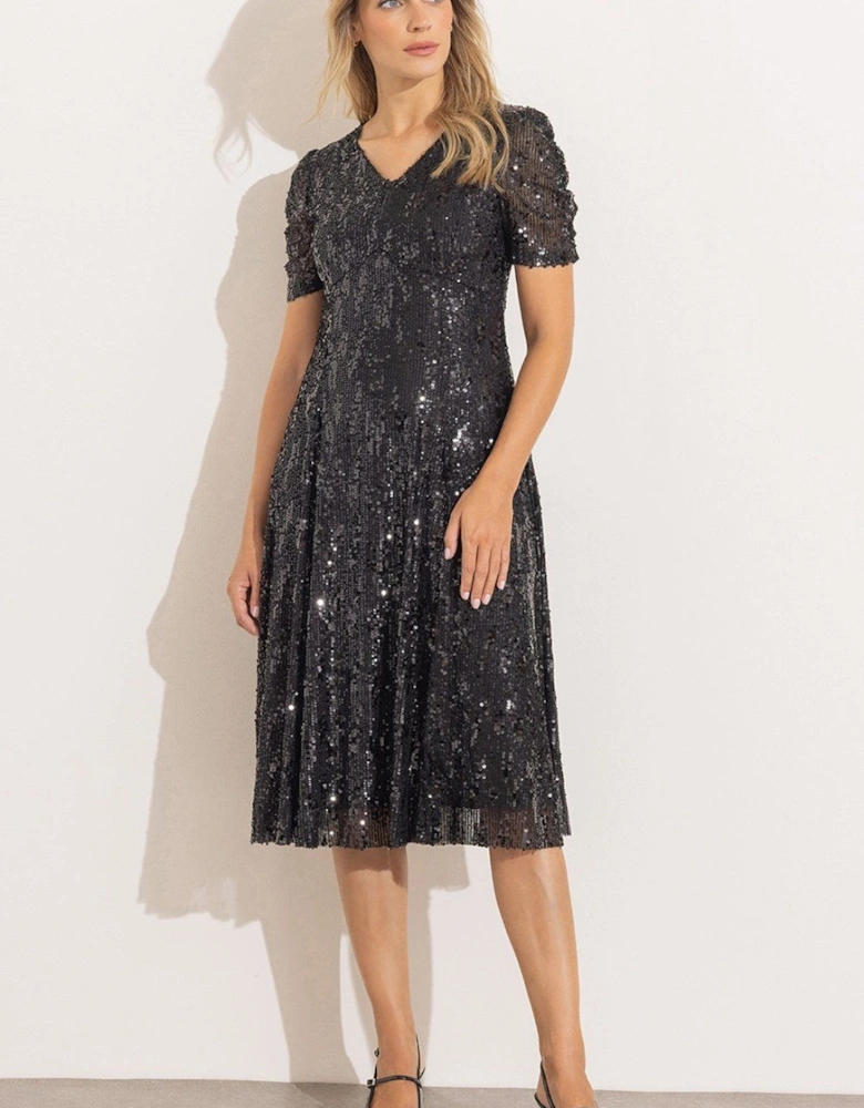 Sequinned Mesh V Neck Midi Dress
