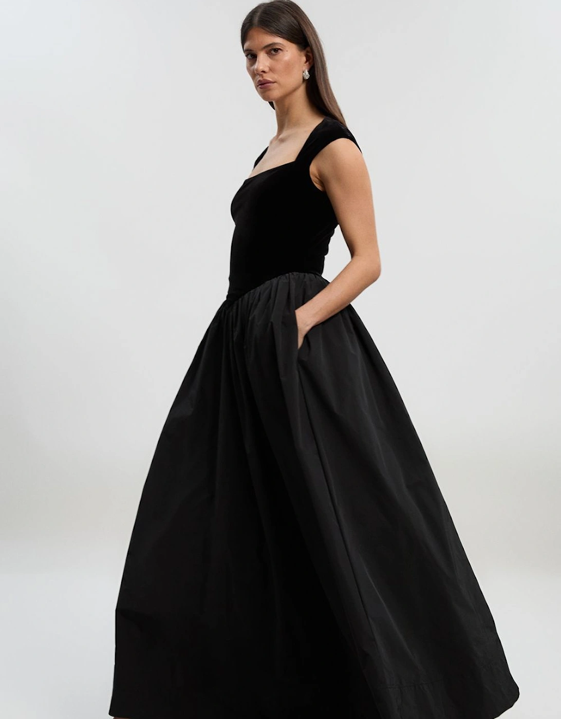 Velvet Bodice With Taffeta Drop Waist Maxi Dress, 2 of 1
